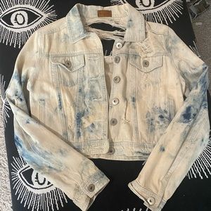 Jean jacket distressed tie die cropped, bitten up . Size M